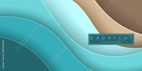 Paper cut turquoise water waves and sand beach background. Cutout minimalistic luxury layered waves . 3D frame icon for posters and flyers, presentation, web, social media, design and banner.