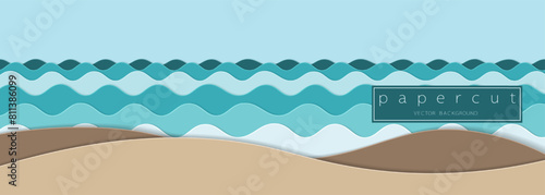 Paper cut turquoise water waves and sand beach background. Cutout minimalistic luxury layered waves . 3D frame icon for posters and flyers, presentation, web, social media, design and banner.