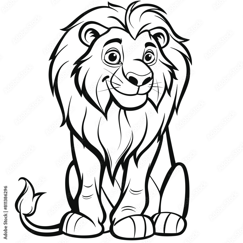 Fototapeta premium Charming cartoon lion with a friendly smile and majestic mane.