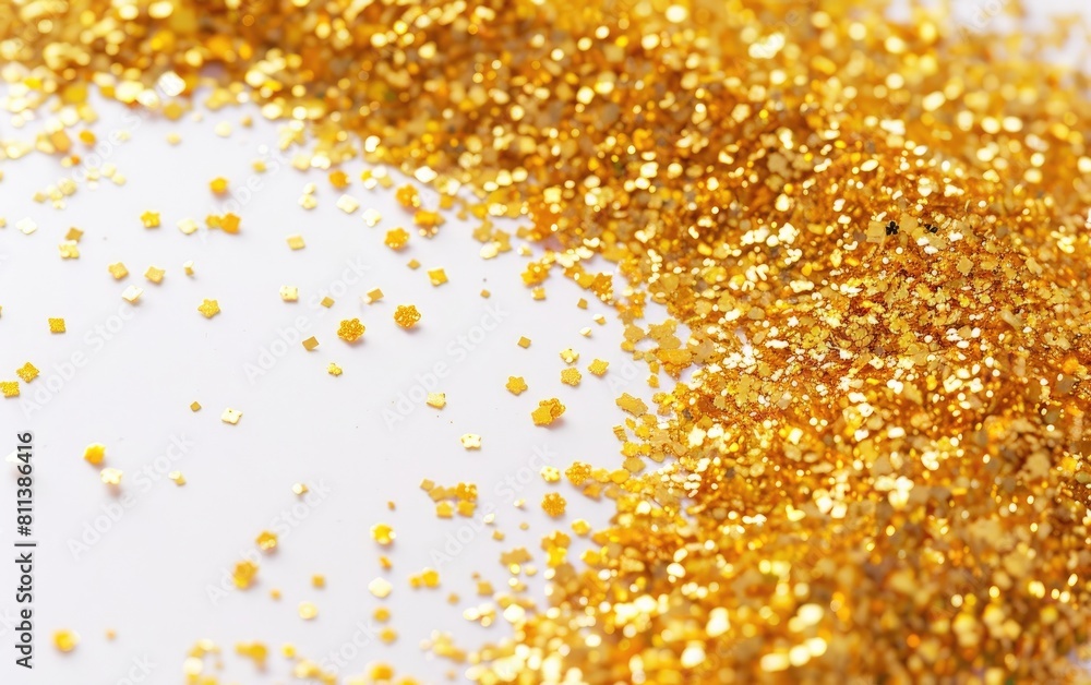 Golden glitter scattered in a circular pattern on a white background.