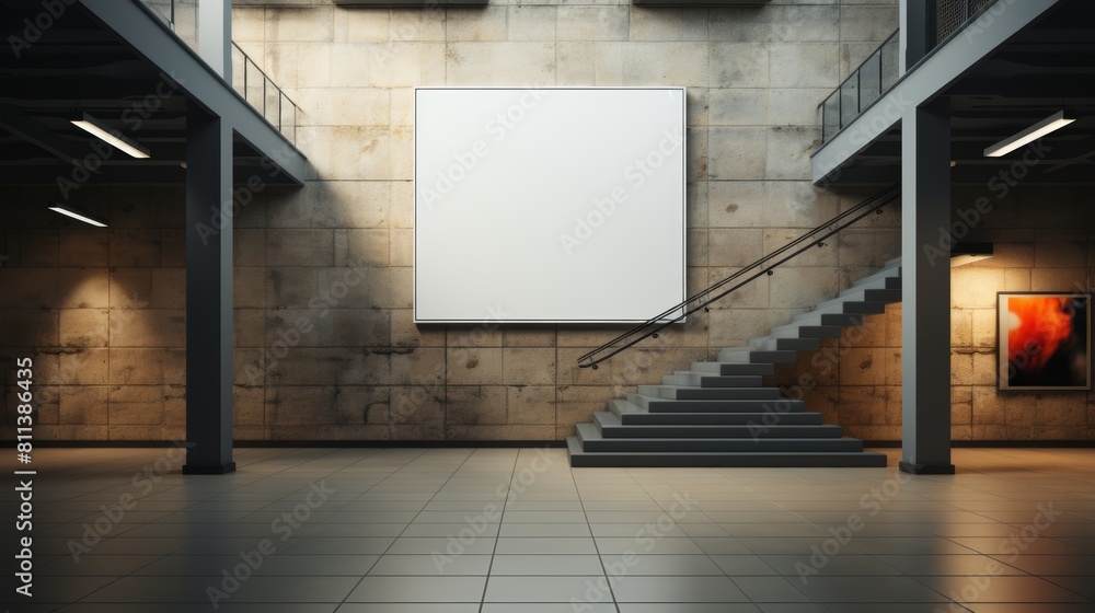 Blank billboard in underground passage with stairs. Blank billboard in underground passage with stairs.