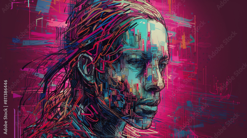 An enigmatic figure, half-human and half-machine, emerges from a digital labyrinth, its form fragmented into pixelated shards, glowing with neon hues of cyan and magenta against a stark white backdrop An enigmatic figure, half-human and half-machine, emerges from a digital labyrinth, its form fragmented into pixelated shards, glowing with neon hues of cyan and magenta against a stark white backdrop