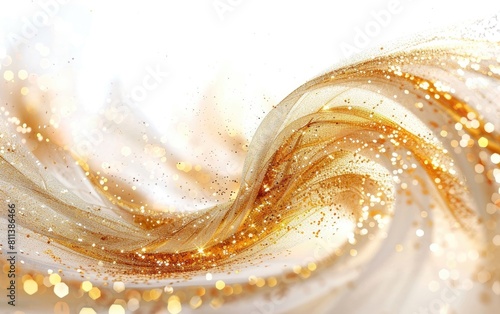 Golden glitter swirls elegantly across a white background.