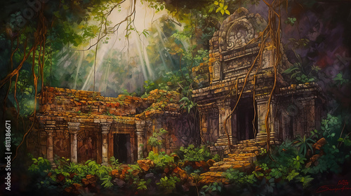 Within the depths of a lush rainforest, ancient ruins lie hidden amidst the verdant foliage, vines cascade from crumbling stone structures, illuminated by shafts of golden sunlight filtering through t photo