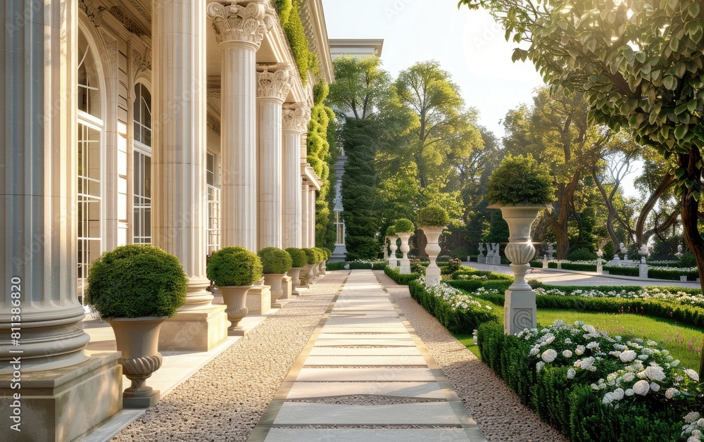 Grand estate with stately columns and manicured gardens.