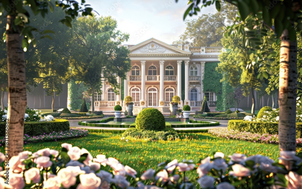 Grand estate with stately columns and manicured gardens.