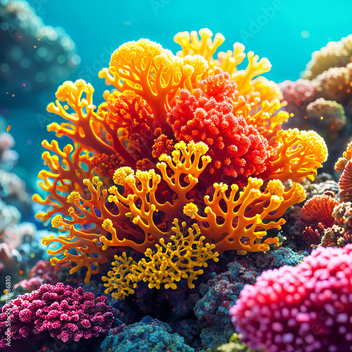 A vibrant underwater scene with various types of coral  including red and yellow varieties  surrounded by other colorful marine life.
