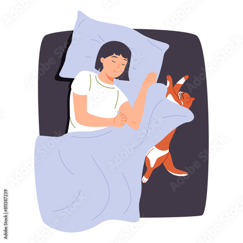 Sleeping woman and cat in bed. Pet owner and cute kitty asleep at night. Person lying under blanket, dreaming.
