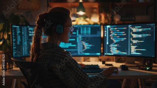 A young woman wearing headphones and glasses is sitting in a dark room in front of three computer monitors. She is typing on a keyboard and moving the mouse. AIG51A.