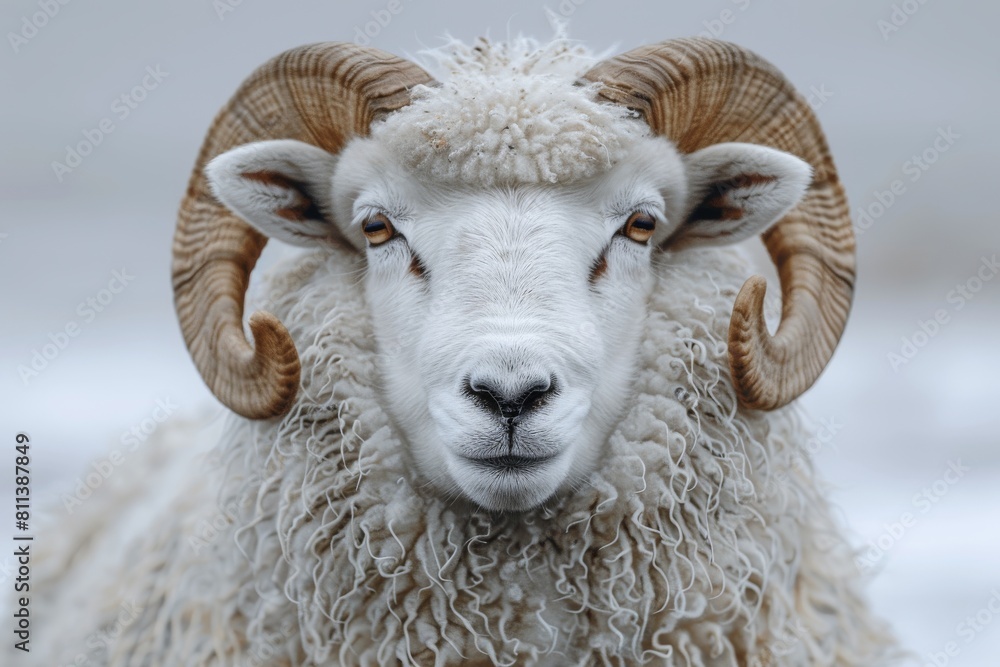 Detailed portrait of a majestic ram with prominent curled horns and textured wool in a natural setting