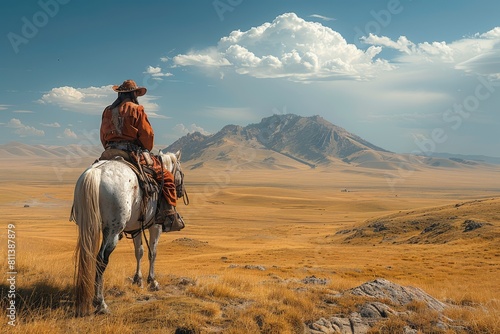 A cowboy  dressed in a western hat and coat  sits atop a white horse overlooking a golden prairie and distant mountain