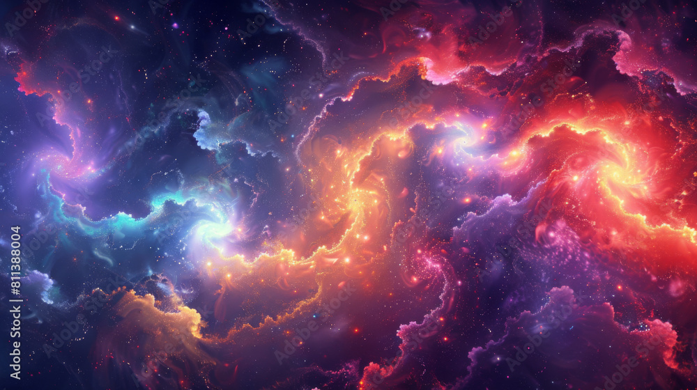 Stunning, vibrant depiction of a nebula with swirling colors of blue, pink, and yellow in deep space.