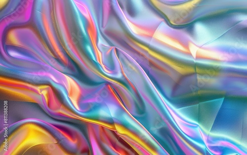 Iridescent fabric with shimmering  multicolor reflections and fluid folds.