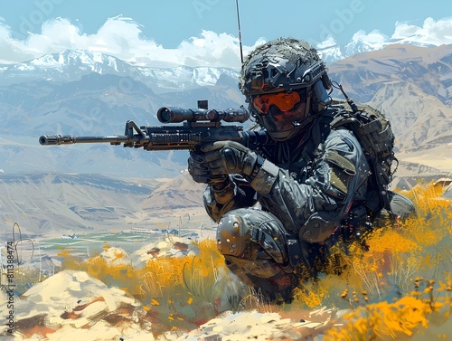 Skilled Soldier Executing Ambush Maneuver in Rugged Terrain During Covert Military