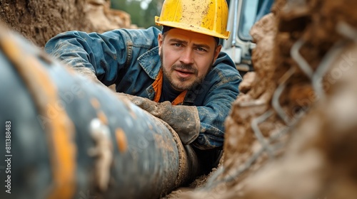 Construction worker installing steel casing pipes for a water pipeline project