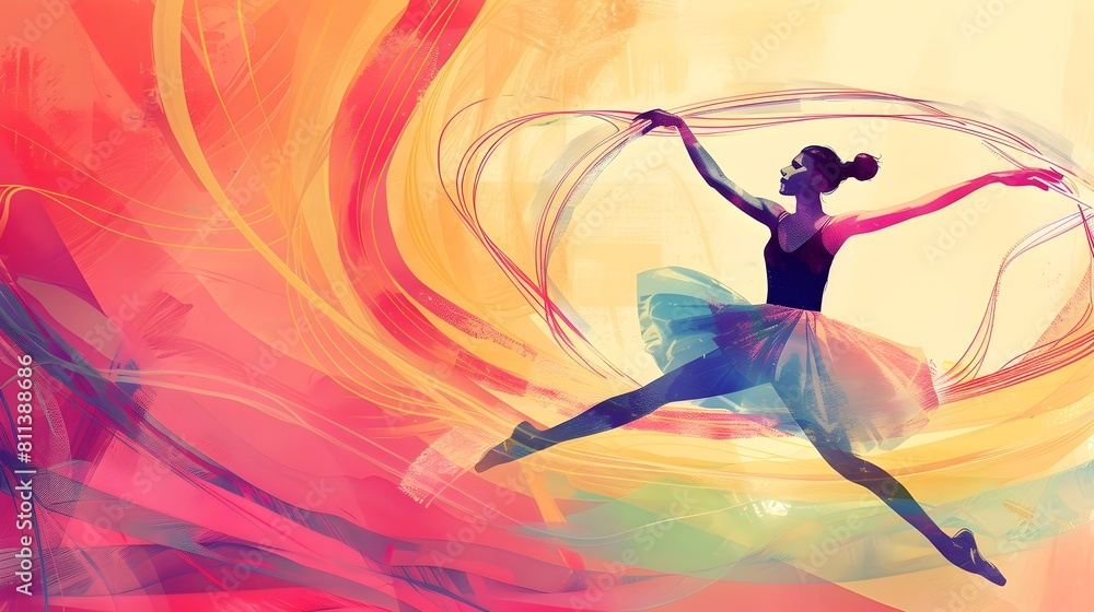Vibrant Ballet Dancer in Fluid Motion with Colorful Ribbons and Abstract Curves Vibrant Ballet Dancer in Fluid Motion with Colorful Ribbons and Abstract Curves