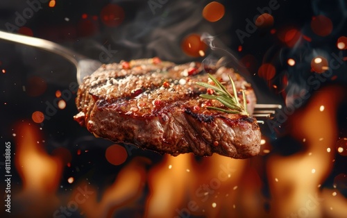 Juicy steak on a fork over roaring flames, sizzling.