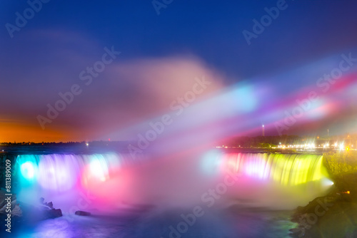 Illuminated Horseshoe Falls at Niagara Falls at dusk viewed from the Canadian side.