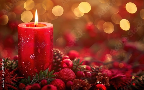 Lit red candle amid festive decorations with warm golden glow. photo