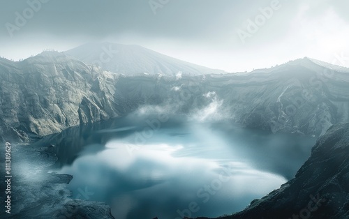 Majestic mountain overlooking a serene crater lake enveloped in mist.