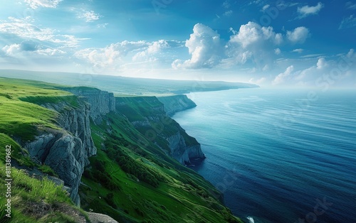 Majestic sea cliffs overlooking a vast ocean, lush green fields stretch beyond.