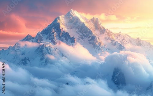 Majestic snow-capped mountains shrouded in soft clouds at dawn.