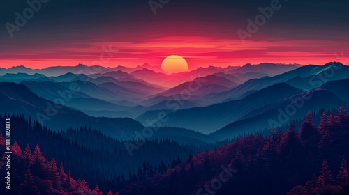 Landscape with mountains and the sun modern illustration for wall arts, covers, fabrics, etc. Mountainous terrain. Modern illustration. photo