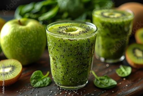 Fresh and energetic green apple smoothie with kiwi slices and spinach leaves  ideal for breakfast