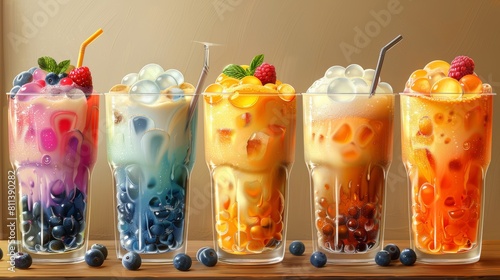 Special Promotions design for bubble milk tea, Boba milk tea, Pearl milk tea, Yummy drinks, coffees, sparkling soft drinks with logo and doodle style advertisement banner. Modern illustration. photo