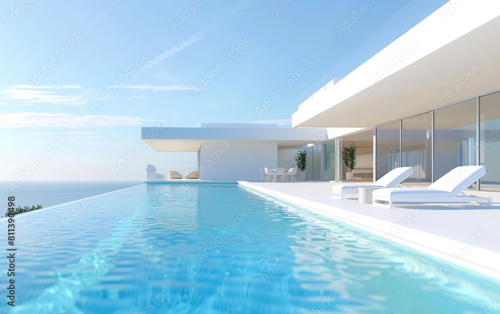 Modern white villa with sun loungers by a turquoise pool.