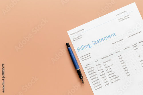 Medical health care billing statement in hospital, top view