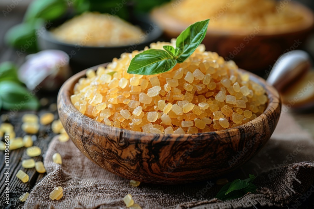 Heaping bowl of golden cane sugar adorned with bright green basil leaf Heaping bowl of golden cane sugar adorned with bright green basil leaf
