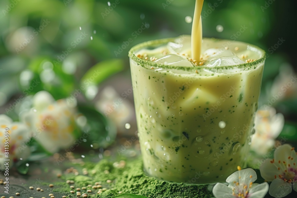 Close-up view of milk being poured into matcha tea, creating beautiful splashes around Close-up view of milk being poured into matcha tea, creating beautiful splashes around