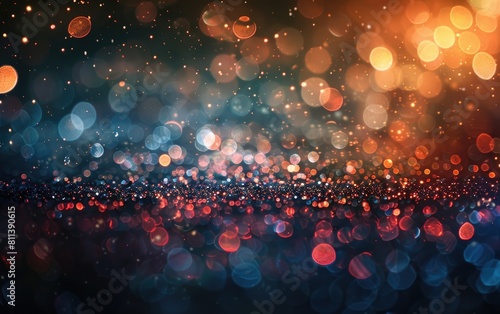 Multicolored bokeh lights on a dark glittery background.