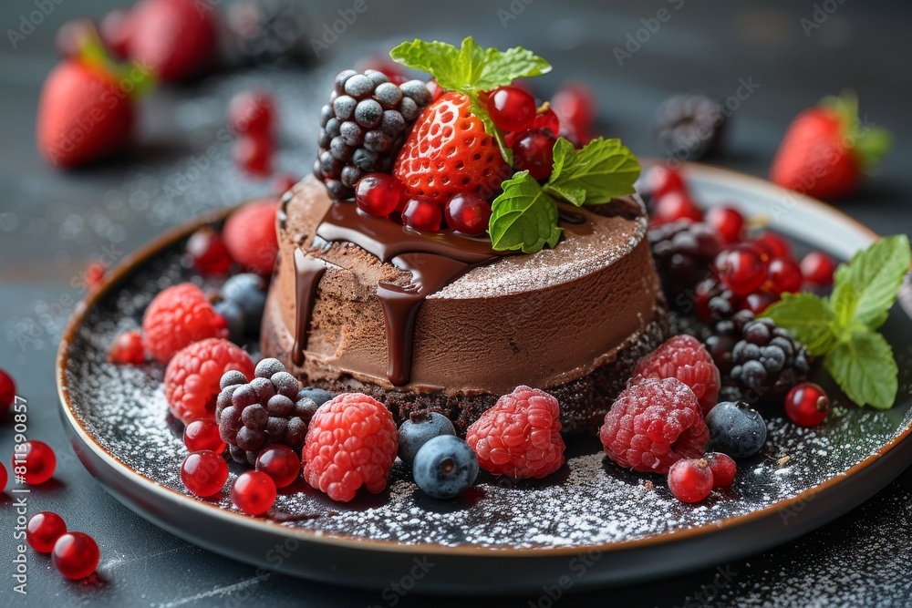 Lavish chocolate mousse cake surrounded by an assortment of fresh berries on a serving plate Lavish chocolate mousse cake surrounded by an assortment of fresh berries on a serving plate
