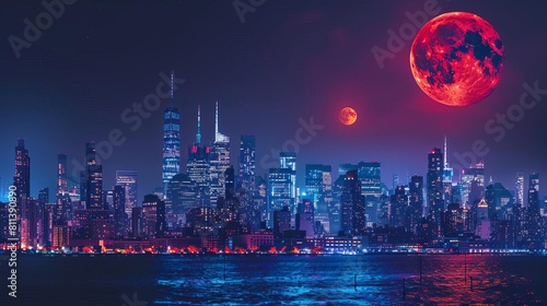 A city skyline under a lunar eclipse  with skyscrapers lights dimmed to enhance the visibility of the red moon