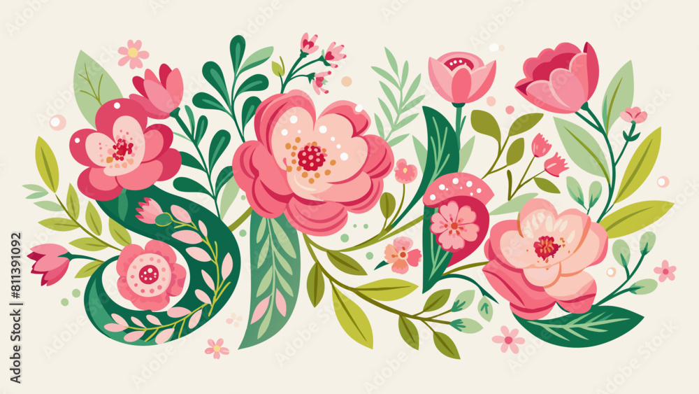  floral font with spring pink flowers cartoon vector illustration