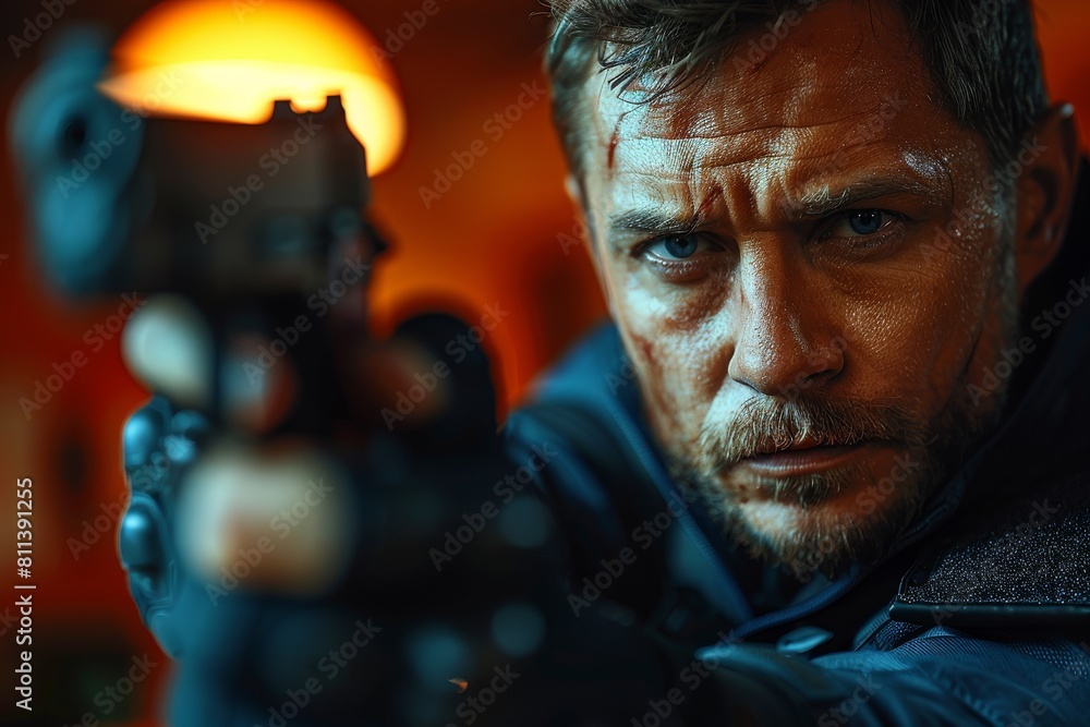 Intensely focused man in blue jacket aiming a handgun straight at the camera Intensely focused man in blue jacket aiming a handgun straight at the camera