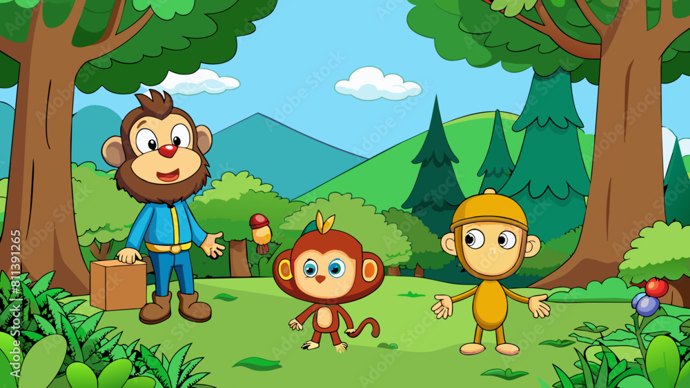 forest scene with funny monkeys cartoon vector illustration forest scene with funny monkeys cartoon vector illustration