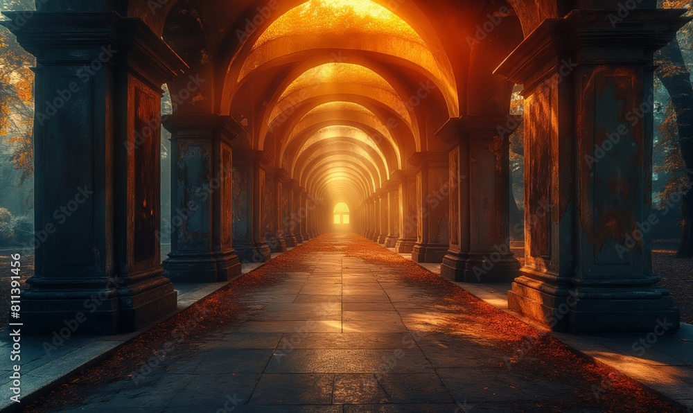 Autumn Sunrise in Arched Corridor.