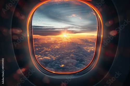 Breathtaking sunrise illuminating the skies, as seen through the porthole of an aircraft, invoking inspiration