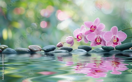 Pink orchids and smooth stones over rippling water with a soft green background.