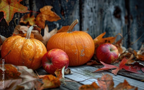 Pumpkins and apples nestled among vibrant fall leaves on a rustic wooden backdrop.