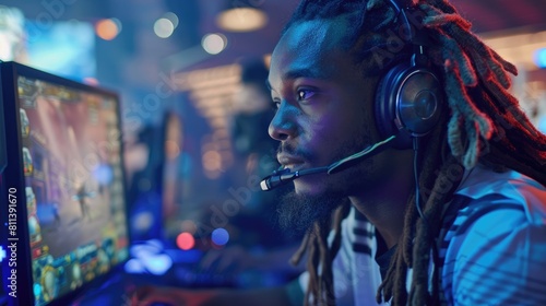 Professional eSports gamer with dreadlocks playing action packed strategy video game in cybersport gaming lounge
