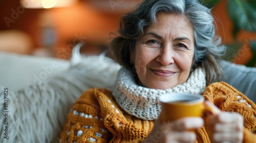 Happy Hispanic lady in sweater with cup of coffee on couch