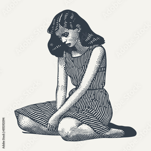 Sad girl. Vintage Woodcut engraving style vector illustration. 