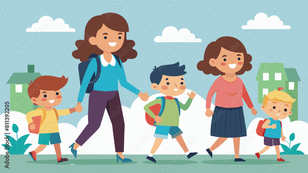 happy children going to school with their mother cartoon vector illustration happy children going to school with their mother cartoon vector illustration