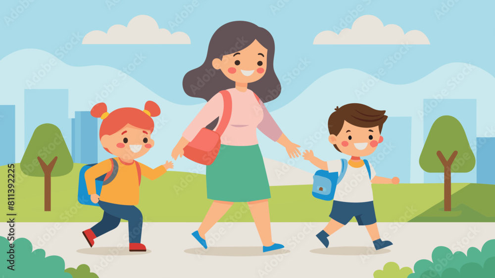 happy children going to school with their mother cartoon vector illustration happy children going to school with their mother cartoon vector illustration