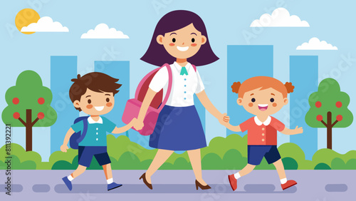 happy children going to school with their mother cartoon vector illustration
