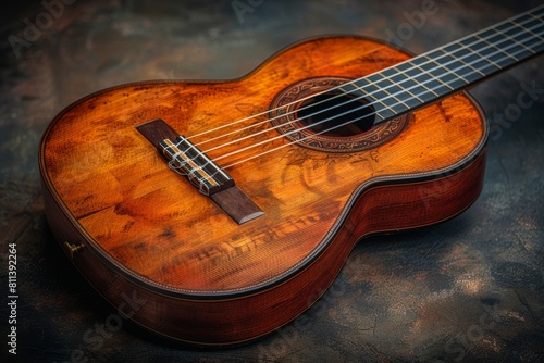 Classic guitar with a warm wood finish on a rustic, industrial metal surface showing contrast